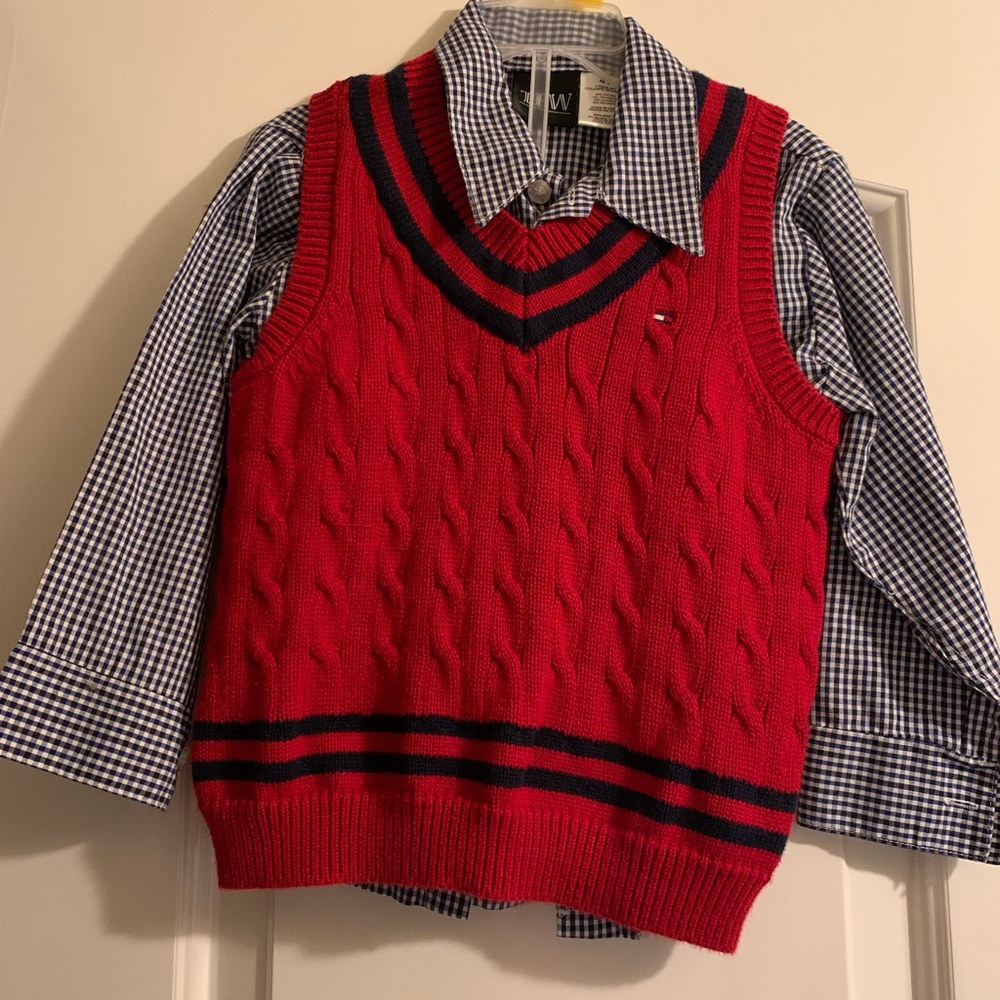 Navy and White Plaid Button Down & Red Vest